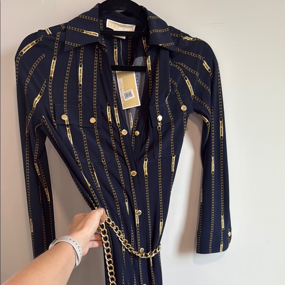 Michael Kors Blue Dress with Gold Chain belt